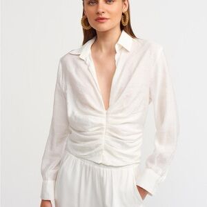 Zara White Rushed Linen looking Shirt Small